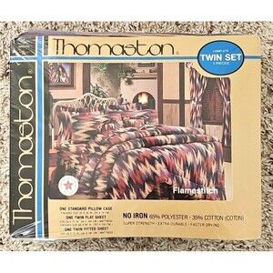 Vtg Thomaston Flamestitch Twin Sheet Set Southwestern Bedding Ranch Dorm USA